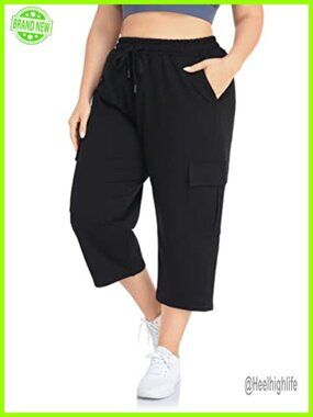 Plus Size Cargo Capri Sweatpants Active Workout Crop Pants Drawstring Pockets
